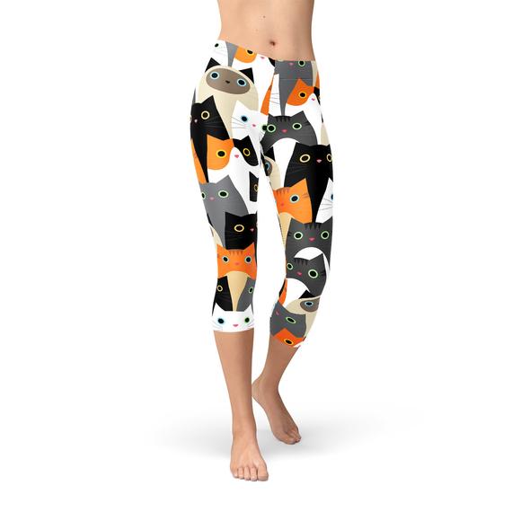 Womens All Over Print Cats Capri Leggings LA s Finest Women s Clothing